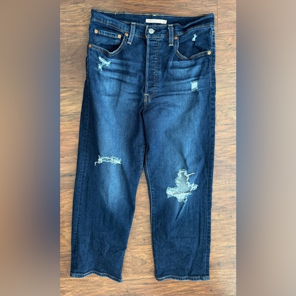 Levi's Ribcage Straight Ankle Jeans Distressed Dark Wash High Rise Button Fly 30 - Picture 1 of 9